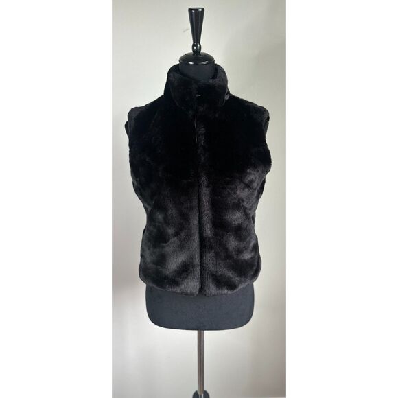 Vintage CEJON Women's Cropped Mock Neck Zip Front Black Faux Fur Vest Size S - Picture 1 of 8